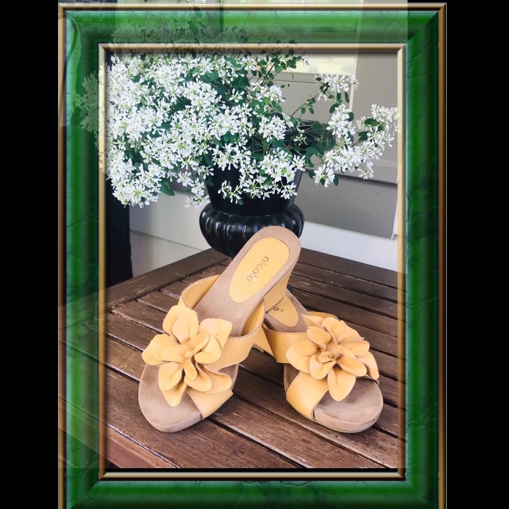 Nicole Mustard Floral Leather Wedge Sandals - Picture 9 of 11